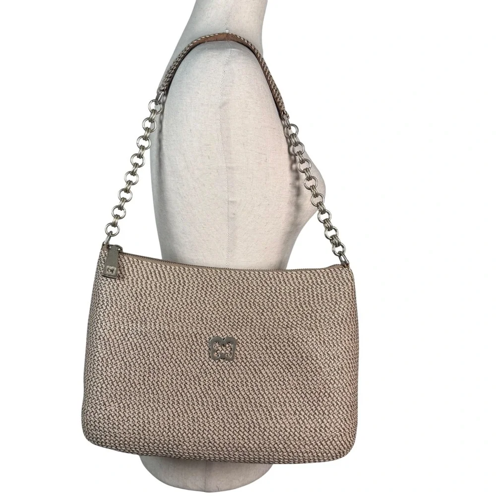 Eric Javits Powchky Shoulder Bag Womens Beige Woven Coastal Resort Chain Strap